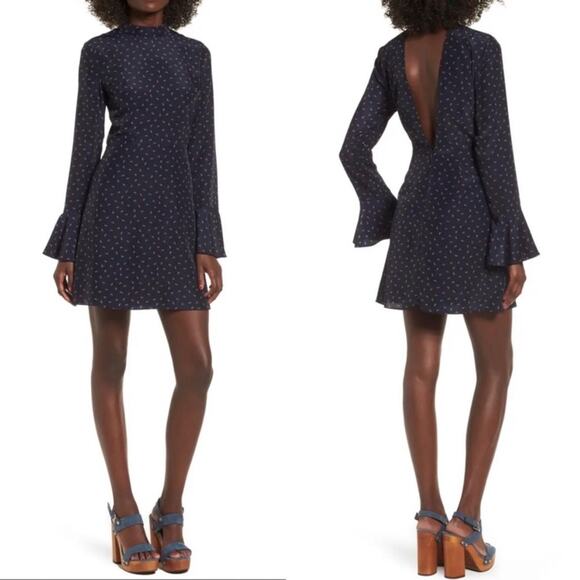 J.O.A. High Neck Fit & Flare Dress Navy Red Mock Neck Bell Sleeve Size Small - Picture 1 of 9